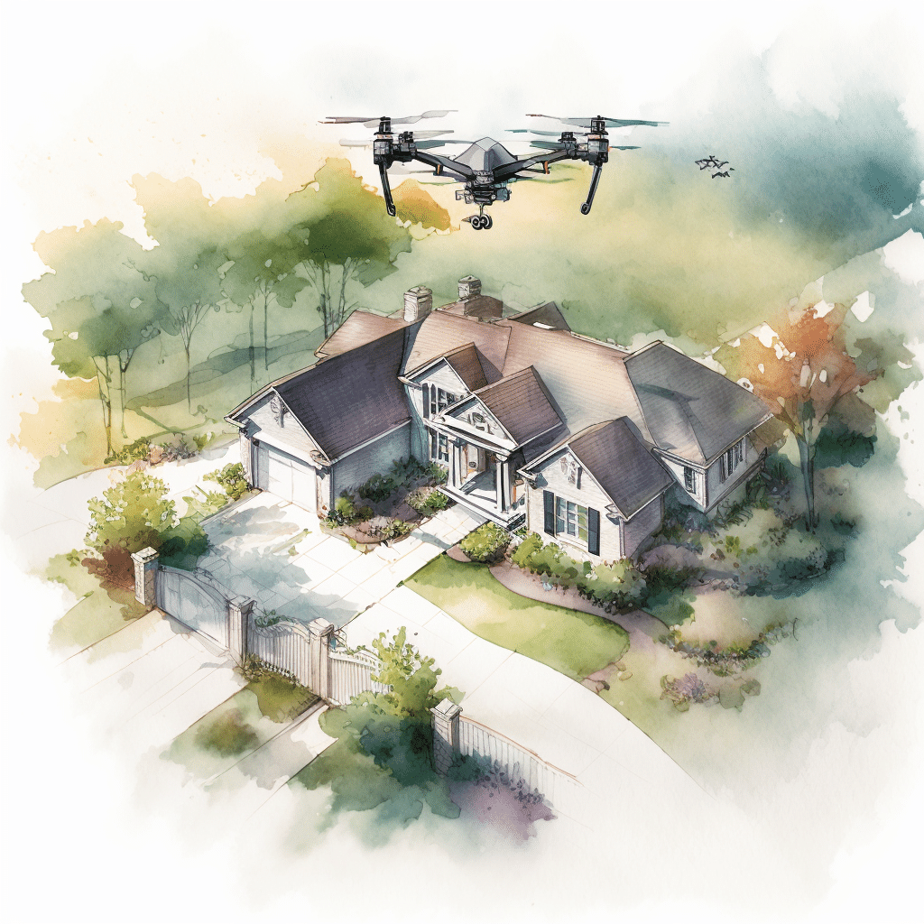 A picture of a drone taking aerial photographs of a real estate property. Drone real estate marketing will help to get more clients.